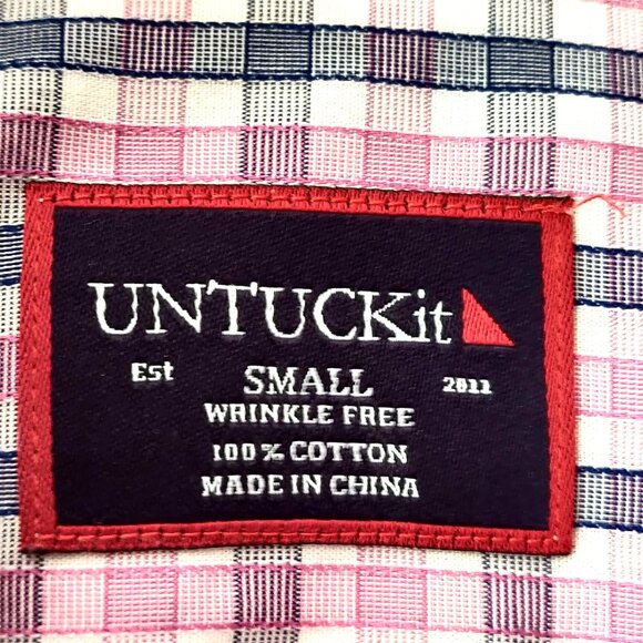 Untuckit Mens Size S Pink Blue Check Plaid Wrinkle Free Long Sleeve Button Shirt - Picture 7 of 9